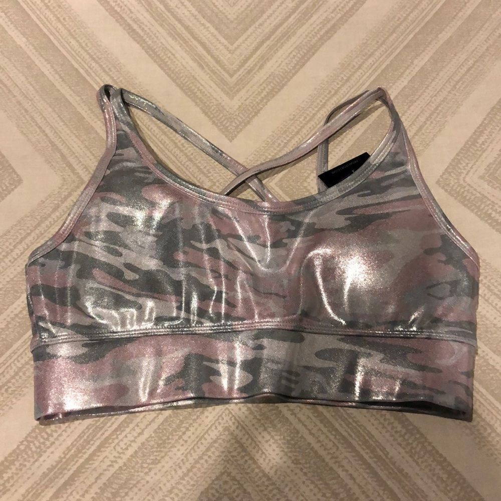 PrismSport Pink/Gray Shiny Camouflage Padded Sports Bra Size L NWT